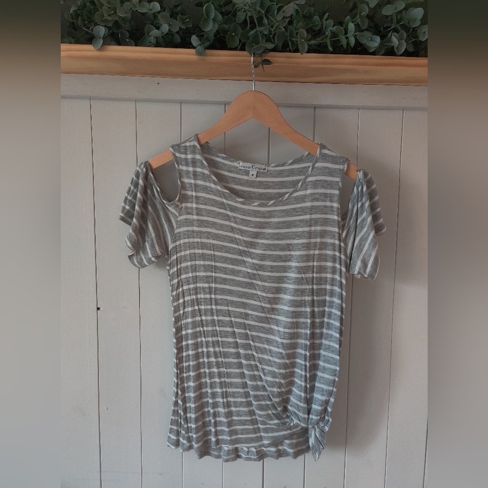 Boutique cold shoulder gray and white striped top